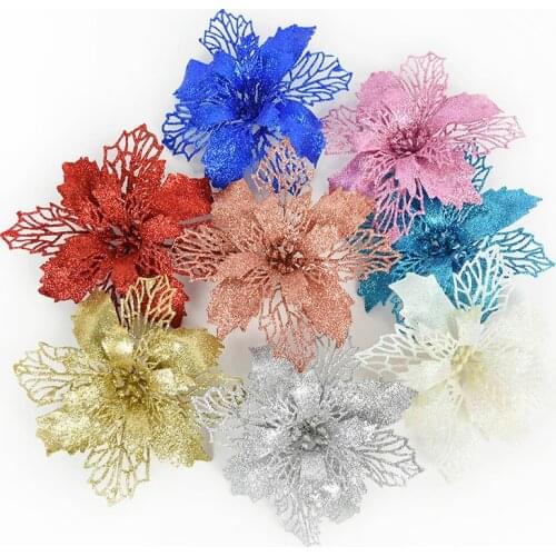 5pcs 9/11/16cm Glitter Hollow Artificial Flowers Christmas Tree Decoration For Home DIY Xmas Party New Year Decor Fake Flower