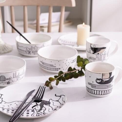 White Animal Ceramic Cartoon Kid Food Plate Dish Rice Salad Bowl Dessert Plate Tableware Set Porcelain Rice Bowl Coffee Mug Gift