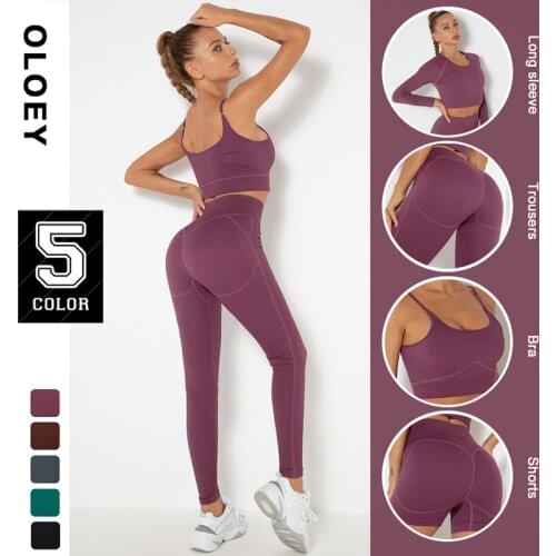 Seamless Yoga Set Women Sportswear Gym Clothes Tracksuit Long Sleeve Crop Top High Waist Leggings for Fitness Sports Short Suits