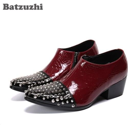 Batzuzhi Japanese Type Mens Shoes Pointed Toe Rivets Wine Red Genuine Leather Ankle Boots Men 6.5cm High Heels Botas Hombre