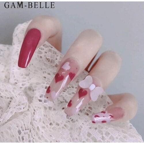 GAM-BELLE 24Pcs Cute Heart Cow Pattern Fake Nails Full Cover Long Ballerina Detachable Artificial Press On Nails with 3D Bows