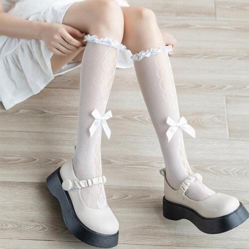 Lolita Ruffle High Knee Socks Women Jk Bowknot Lace Socks Female Hollow Mesh Long Socks Girls Leg Dress Calcetine