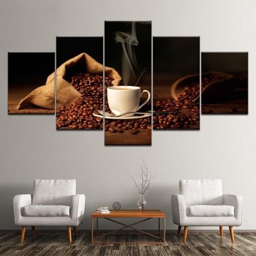 Canvas Painting Coffee beans and hot coffee 5 Pieces Wall Art Painting Modular Wallpapers Poster Print living room Home Decor