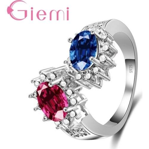 Engagement Bague for Women Genuine Pure 925 Sterling Silver Jewelry Rings With Blue & Red Oval CZ Free Shipping