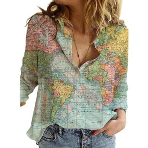Trendy Map Printed Women Shirt Turn-down Collar All-matched Skin-friendly Long Sleeve V Neck Casual Shirt Blouse for Daily Life