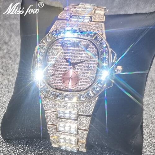 Top Brand MISSFOX Mens Watches Luxury Hip Hop Quartz Wristwatch Iced Out AAA Diamond Bling Male Business Diver Clocks Jewelry