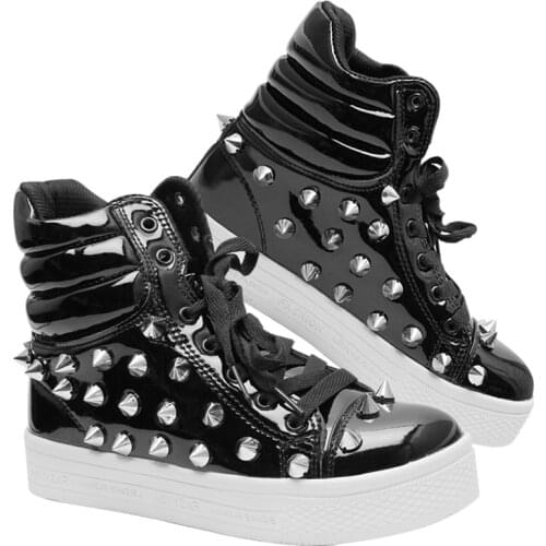 Mens Studed Dance Sneaker Spike Rivet Boot Studs Boys Punk High-Top Shoes Patent Leather Casual Motorcycle Black White L847