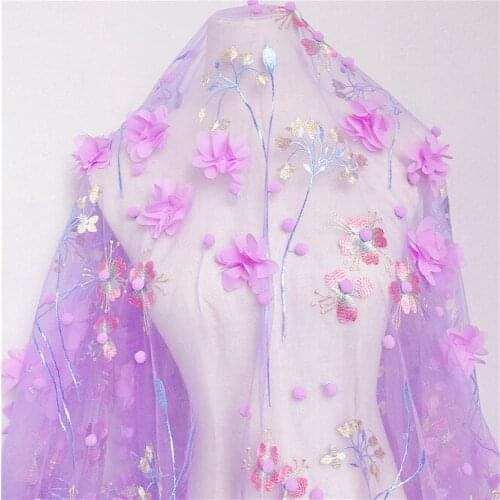 New Purple Mesh Chiffon Applique Hair Ball Lace Fabric Dresses Doll Clothes Embroidery Fabric Width 130cm 1meter