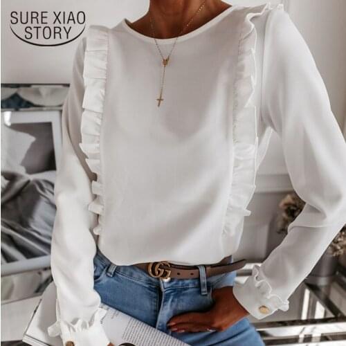 2020 Autumn New Vintage European and American Womens Fashion Long Sleeve Blouse Cotton Slim Ruffled Top Female OL Style 10620