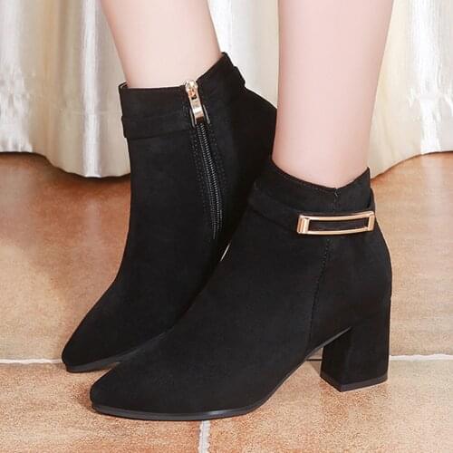 New Black Suede Boots Womens Pointed Square-Heeled Side Zipper Short-Tube Boots Belt Buckle High Heel British Style Shoes