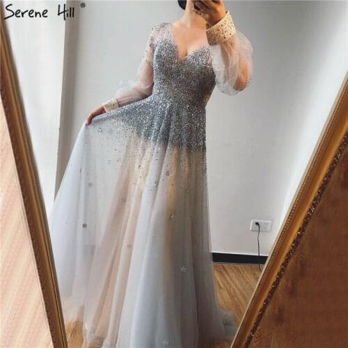 Real Photo Grey Deep-V Sexy Prom Dresses 2020 Long Sleeves Beading Sequined A-Line Prom Gowns Serene Hill BLA70211