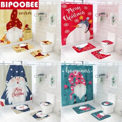 Christmas Cartoon Printed Carpet Bath Mat Santa Claus Snowman Bathroom Shower Curtain Festival Decor Bathtub Curtains with Hooks