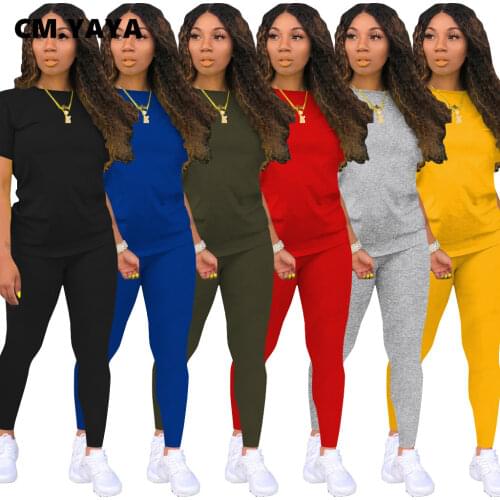CM.YAYA Sweatsuit Outfits Two Piece Set Navel Sport Casual Women Solid Tracksuit for 2021 Summer T-shirt Legging Matching Set