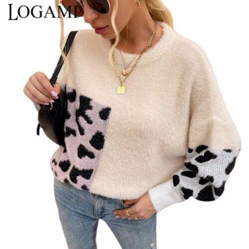 LOGAMI Imitation Mink Sweater Contrast Color Leopard Print Sweater Women Autumn Winter Thick Pullover Jumper