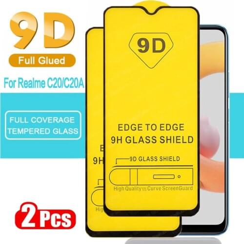 2pcs 9D Full Glued Tempered Glass For Oppo Realme C20A Screen Protector Film For Realme C20 C21 C21Y C17 Protective Glass