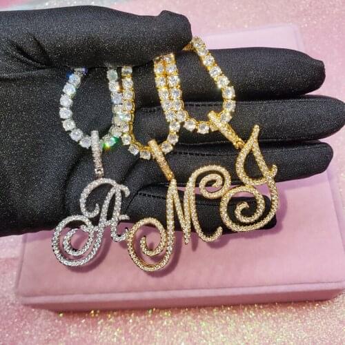 A-Z Single Letters Zirconia Artistic Letters Pendant with 4 MM Tennis Chain Necklace Hip Hop Jewelry for Women