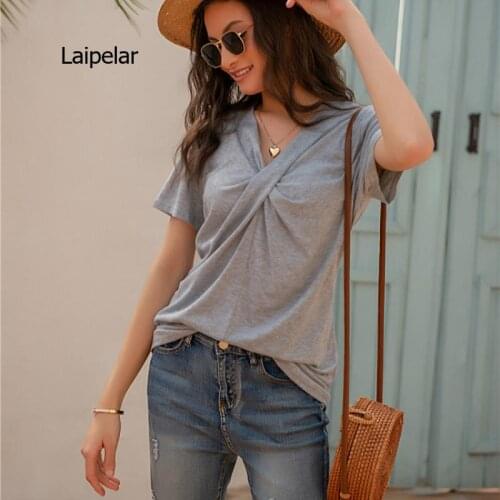 2021 Womens Solid Color Summer Everyday Street Wear Comfort New V-Neck Short Sleeve Kink Casual T-Shirt