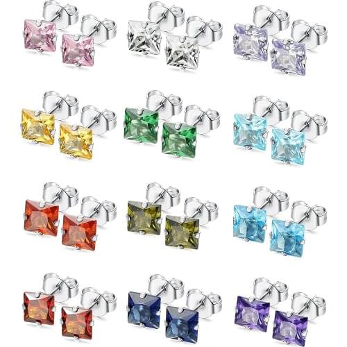 BONISKISS Women 12 Pairs Stainless Steel Square CZ Earring Piercing Birthstone Stud Earrings for Girls 3-5MM Charm Jewelry