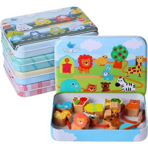 12Pcs/Set Wooden Cartoon Fruit Animal Lacing Threading Beads Game Educational Children Toy Kids Gift Kids Toys