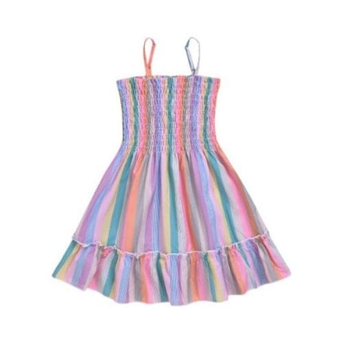 Baby Girl Dres Stripes Printed High Waist Flared Rainbow Princess Dresses Sleeveless Square Collar Midi Sundress Summer Clothes
