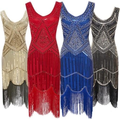Womens 1920s Style Beaded Deco Dress Vintage Inspired Sequin Embellished Fringe Dress