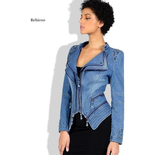 Europe and The United States Slim Shrug Zipper Zipper Stitching Short Cowboy Locomotive Jacket Female