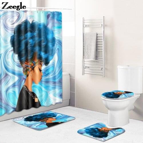 Printed Bath Mat and Waterproof Shower Curtain Set Anti Slip Toilet Seat Cover Mat Shower Room Decor Toilet Mat Set