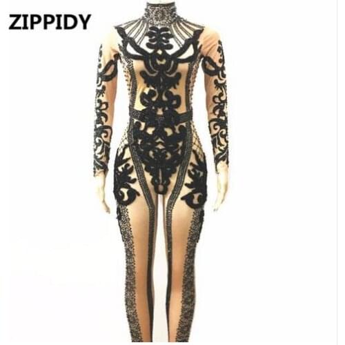 Fashion Sparkly Black Crystals Jumpsuit Prom Performance Outfit Party Celebrate Stones Costume Bodysuit Stage Wear Rompers