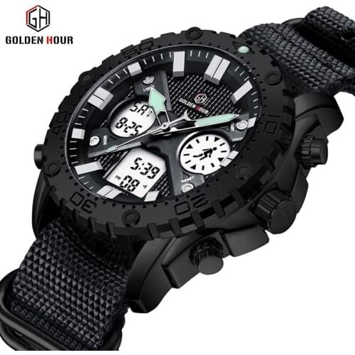 GH122 Men Dual Display Quartz Watches Fashion Luxury Canvas Strap Watch Male Military Sports Chronograph Wrist