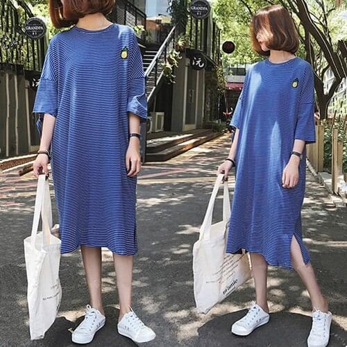 523 2018 maternity summer dress new Korean version large size maternity t-shirt long-sleeved striped summer dress