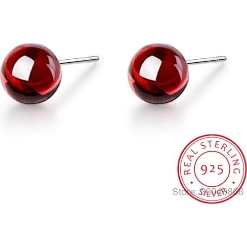 Wholesale 925 sterling silver Earrings For Women Jewelry Red garnet Earring 6mm ball Bead Stud Earrings Brinco Gift