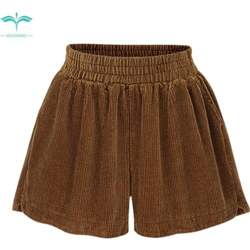 OUMOWEI Womens Shorts 2018 Autumn New Wide Leg Shorts Fashion Wild Casual Shorts Solid Color Corduroy High Waist Shorts M-6XL
