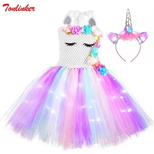 Girls Christmas Unicorn Flower Costume Glow Dress With Hairband Kids Rainbow Mesh Tutu Party Dresses Princess Cosplay Dress