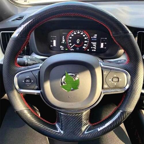 DIY Car Steering Wheel Cover Hand-Stitched Non-slip Black Genuine Leather Carbon Fiber For Volvo XC90 2015-2017