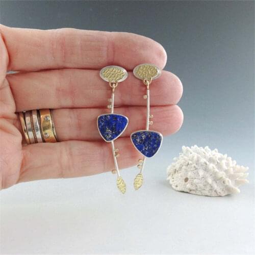 2021 New Delicate Small Triangle Blue Stone Dangle Earrings For Women Boho Lovely Two Tone Metal Leaf Design Drop Earring