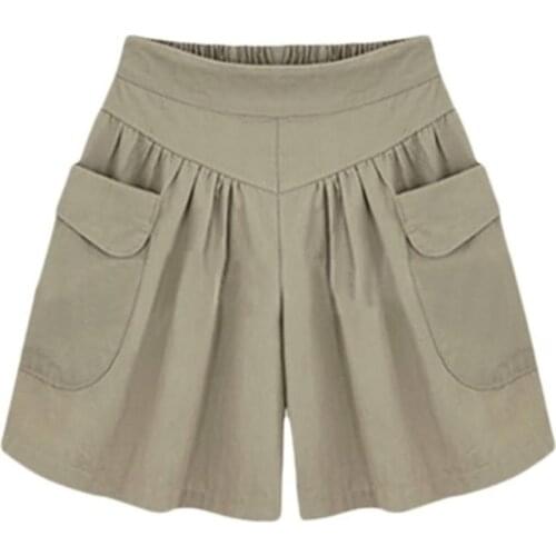 Summer Women Plus Size Solid Color Elastic Waist Casual Loose Shorts with Pocket Casual Cotton Linen Shorts Streetwear