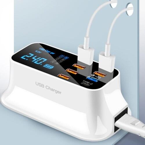 QC 3.0 USB Charger 6 USB Port Type-C Port Digital Display Fast Charging Mobile Phone Charger Station For Samsung Xiaomi iPhone