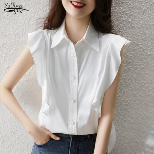 2021 Casual Short Sleeve Ruffles Women Blouses Summer White Women Shirts Turn Down Collar Single Breasted Female Clothing 14741