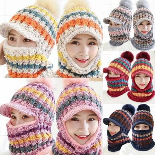 Women Winter Knit Balaclava Beanie Hat with Visor Brim Colorful Striped Pompom Ski Face Mask Plush Lined Neck Warmer