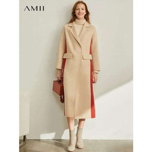 AMII Minimalism Women Winter Thick Double Woolen Coat Fashion Spliced 93%wool Female Calf-length Woolen Coat 11970487