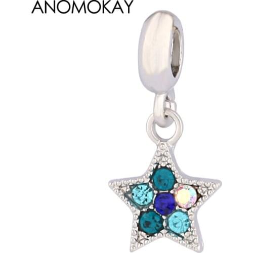 Anomokay Fashion Blue Crystal Pentagram Charm fit Bangle Bracelet Round Hole Star Beads for Child DIY Jewelry