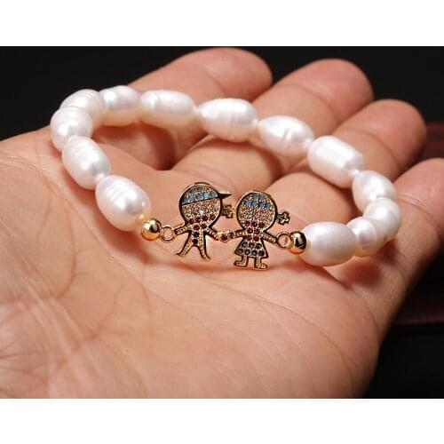 Couple Bangle Little Girl & Boy Tiny Micro-inlaid Connector Natural Freshwater Pearl Beaded Plastic Elastic Rope Charms Bracelet