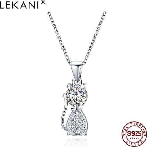 LEKANI 925 Sterling Silver Girl Pendant Necklaces Cute Cat With Cubic Zirconia Necklace For Women Anniversary Fine Jewelry New