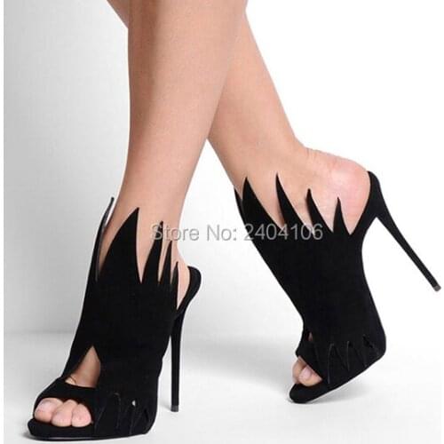Black Red Suede Ladies Summer Shoes Slippers Slingback Peep Toe Rhinestone Sandals Women Cut-outs Stiletto High Heels Slides
