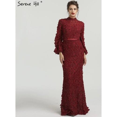 Flowers Pearls Long Sleeves Mermaid Evening Dresses Muslim Fashion Elegant Formal Dress 2020 Serene Hill Plus Size LA6293