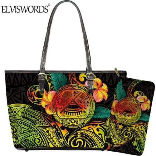 ELVISWORDS Women Fashion 2pcs Samoa Tribal Pattern PU Handle Tote and Purse Vintage Polynesian Shoulder Handbag 2021 New