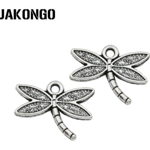 JAKONGO Antique Silver Plated Dragongfly Charms Pendants for Jewelry Making Bracelet DIY 14x18mm 20pcs/lot