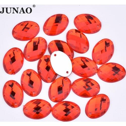 JUNAO 18x25mm 13x18mm Red Color Sew On Oval Rhinestones Flat Back Acrylic Crystal Stones Sewing Strass for Dress Accessories