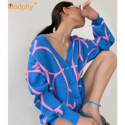 Autumn Winter Knitted Female Cardigan Loose Streetwear Knit Sweater Coat Print V Neck knitted cardigan Women Jacket 2021 New