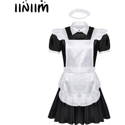 Mens Male Adults Sissy French Maid Dress Cosplay Costume Puff Sleeve Dress with Apron Headband Sexy Halloween Parties Clubwear